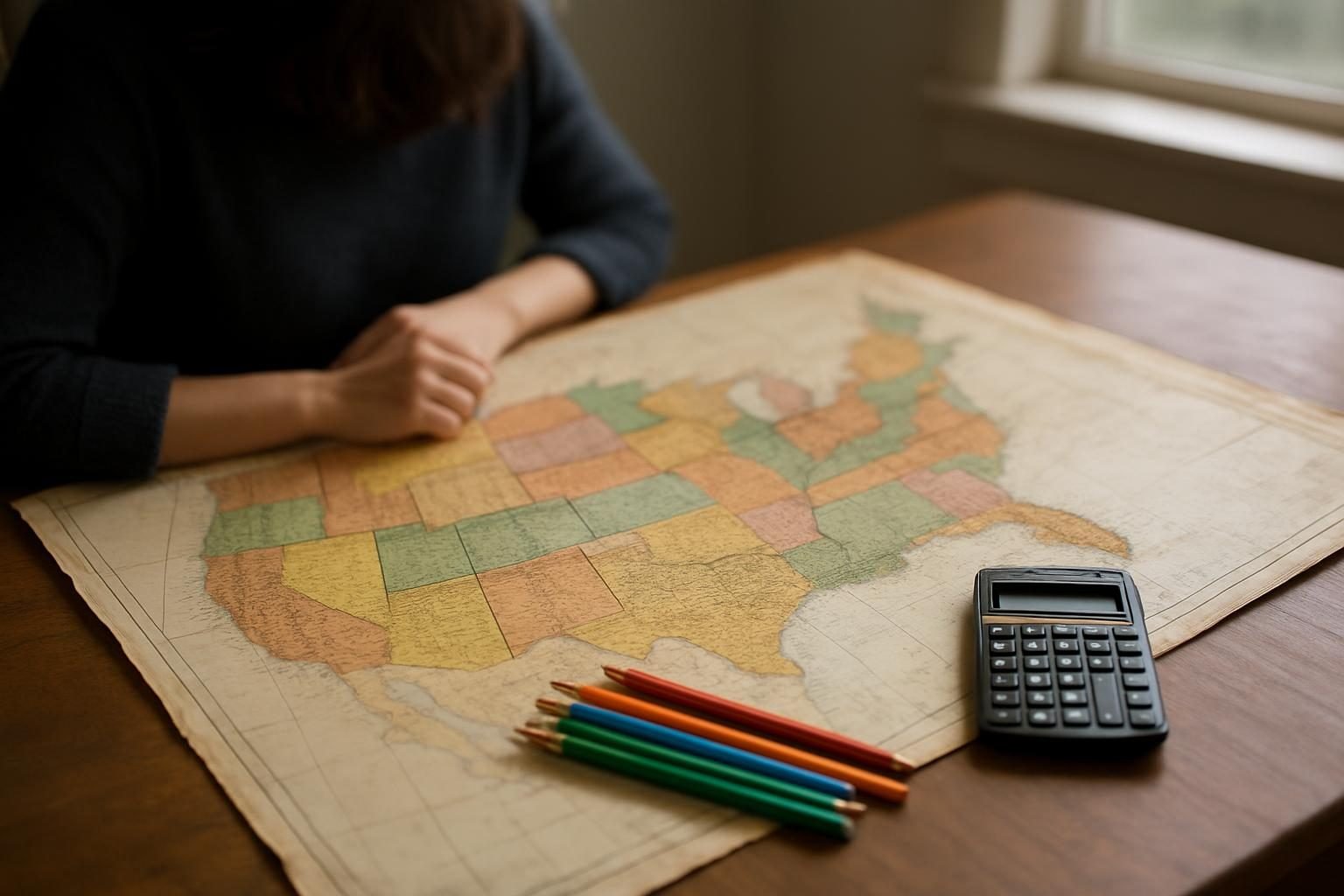 A paper map of the United States on a table with colored pencils and a calculator
