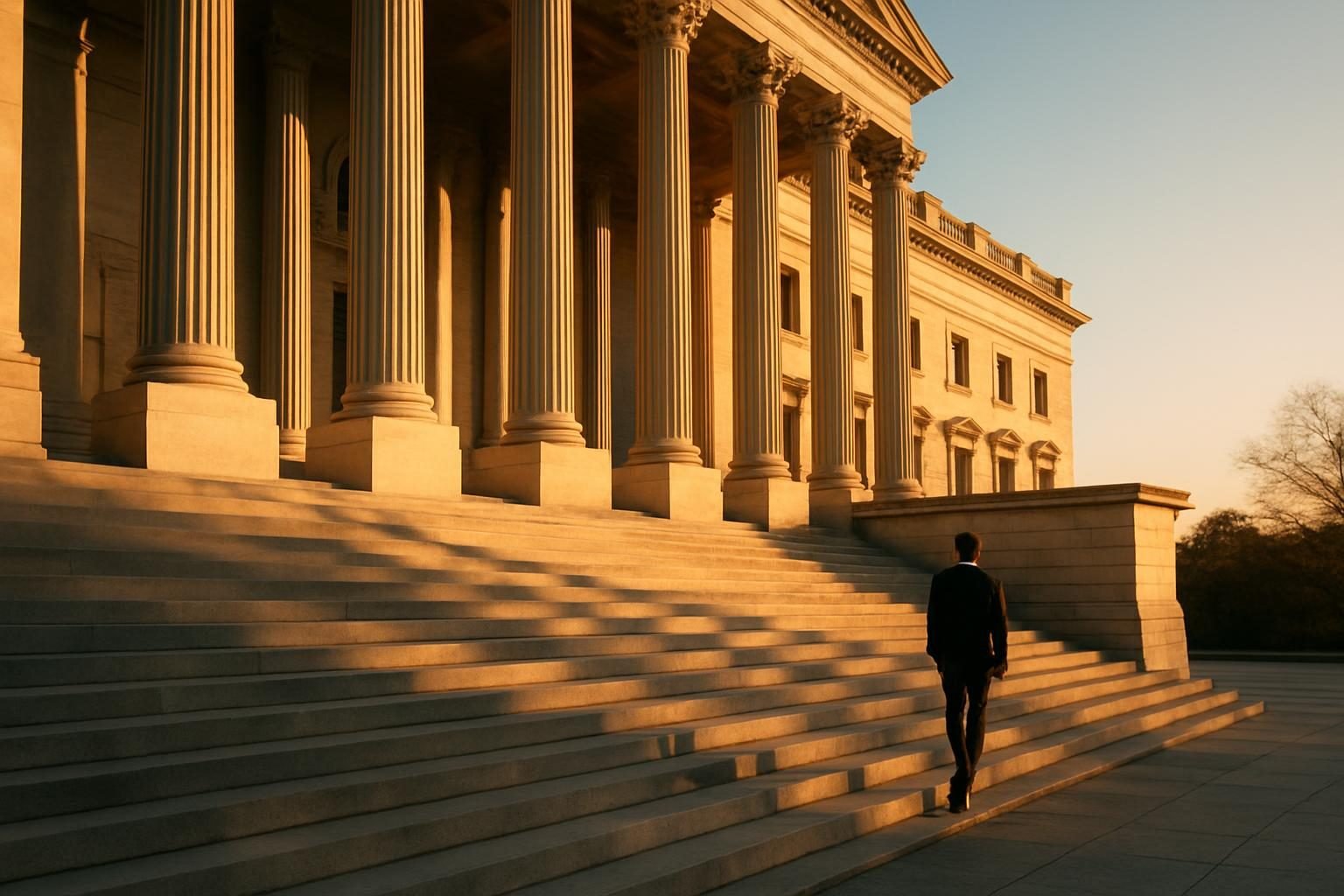 State capitol steps at golden hour, where electors meet to cast their votes