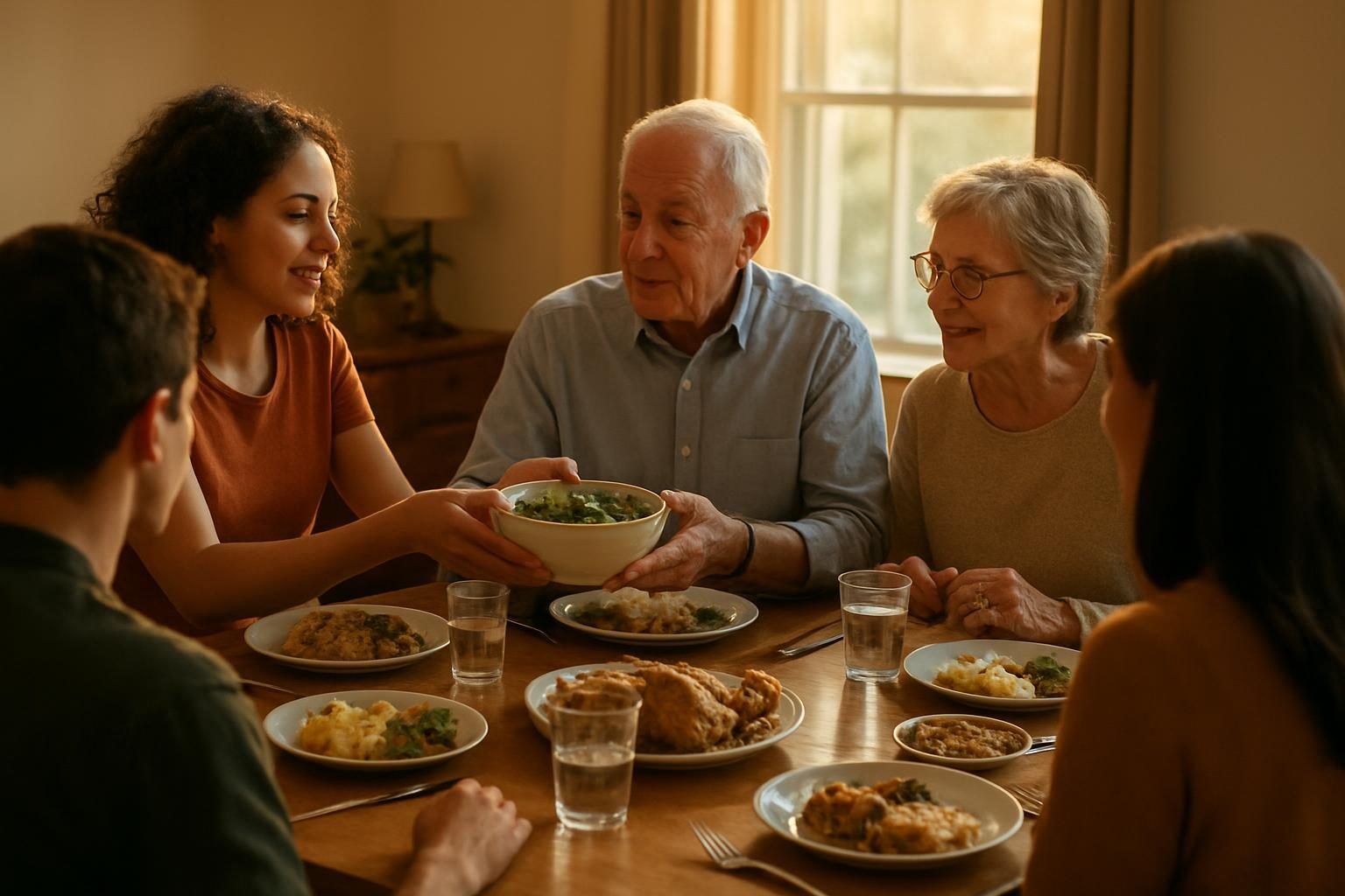 A multigenerational family talking over dinner at a kitchen table