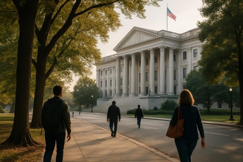 Columned government building with a flag on a quiet morning, illustrating how the US government works
