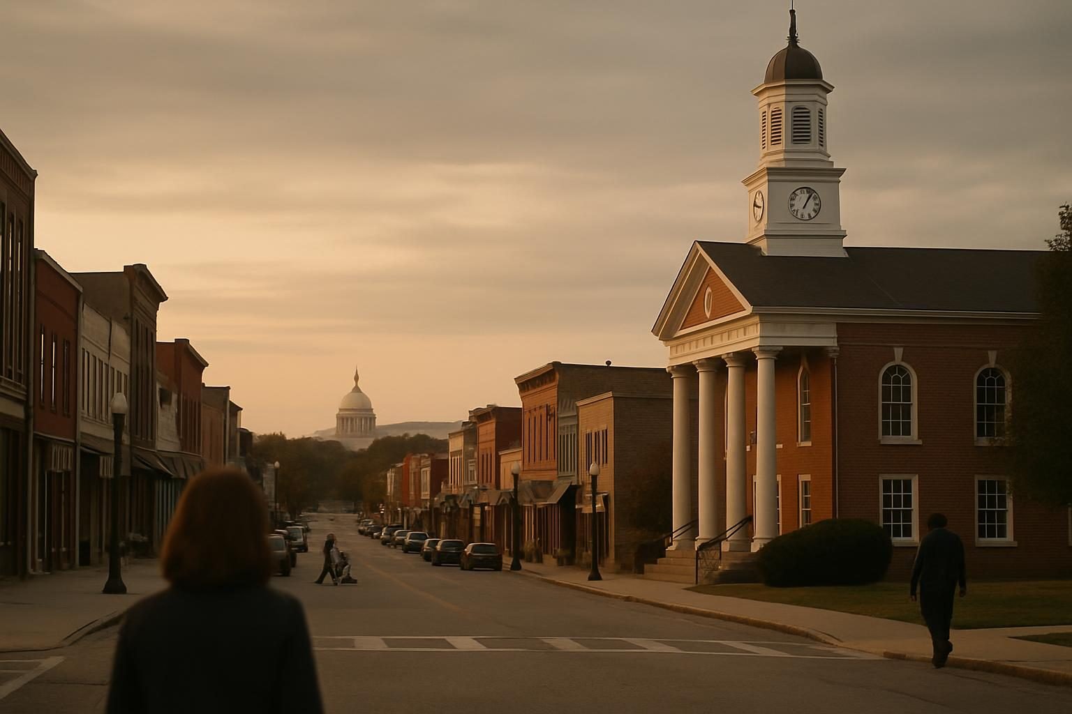 Small-town main street with a town hall and a distant state capitol dome