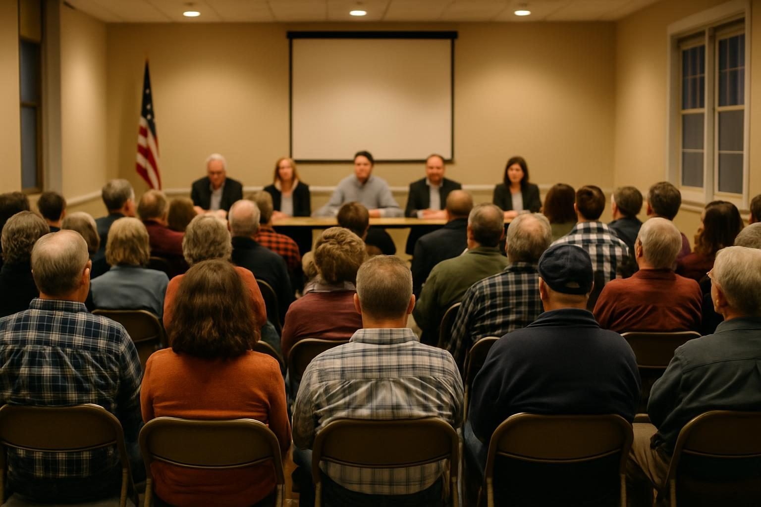 Residents seated at a local town hall meeting facing a table of officials