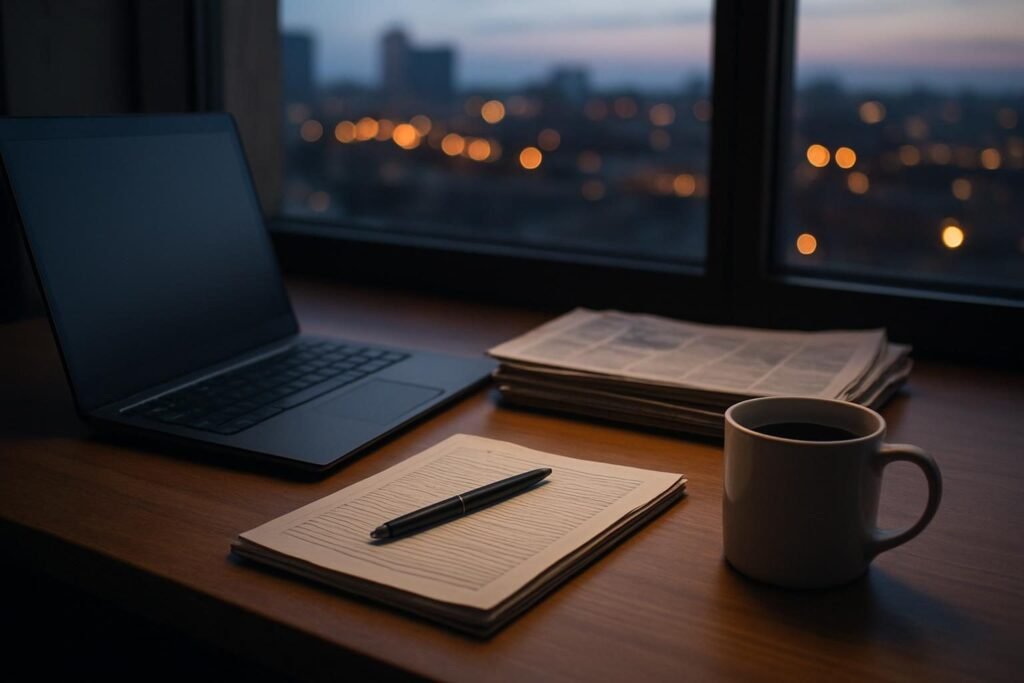 A newsroom desk with newspapers and a laptop, illustrating how news media make money