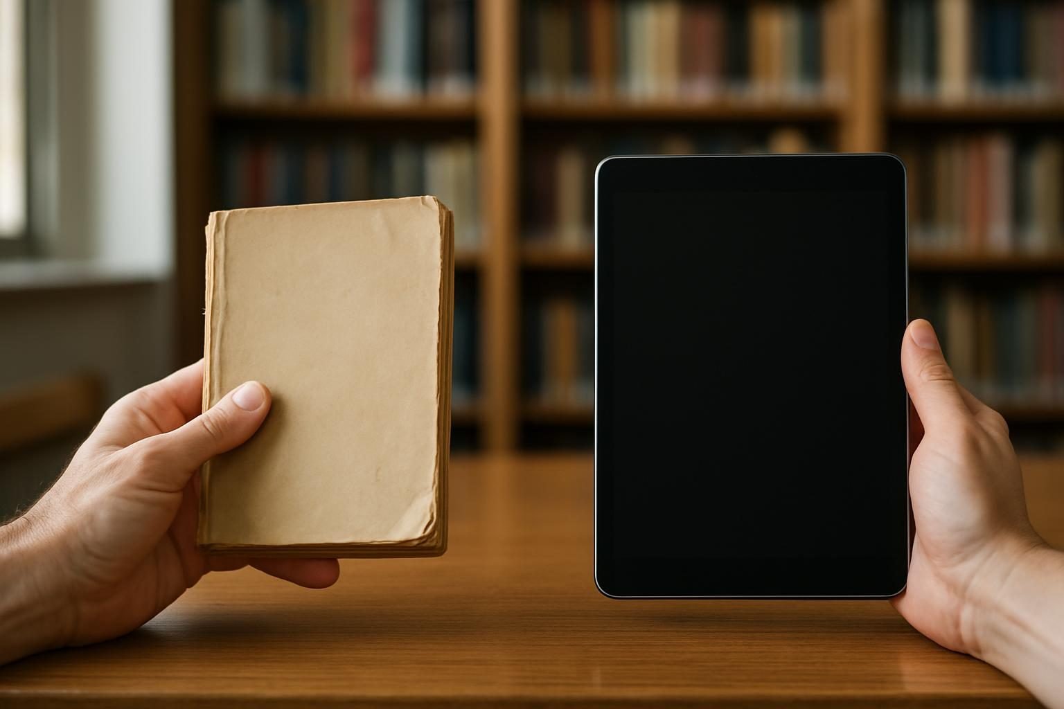 Hands holding a book and a tablet, representing choosing and paying for news