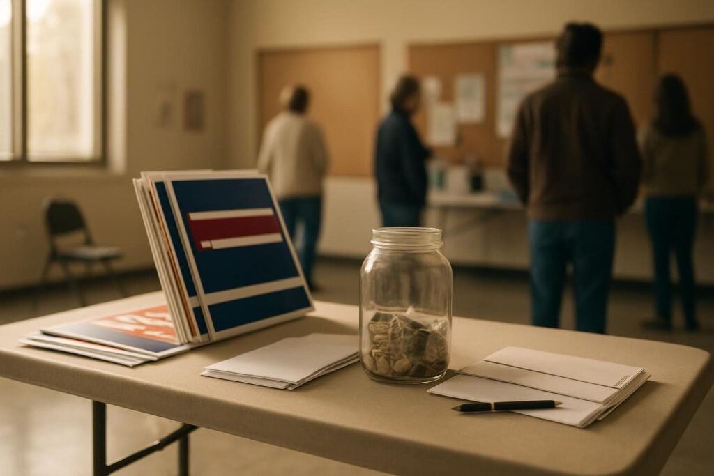 Campaign volunteer table with yard signs and a donation jar, showing how political campaigns are funded at the grassroots