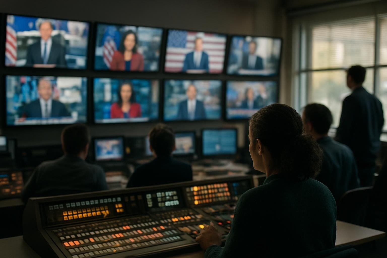 Newsroom monitors showing blurred political ads, representing campaign advertising spending