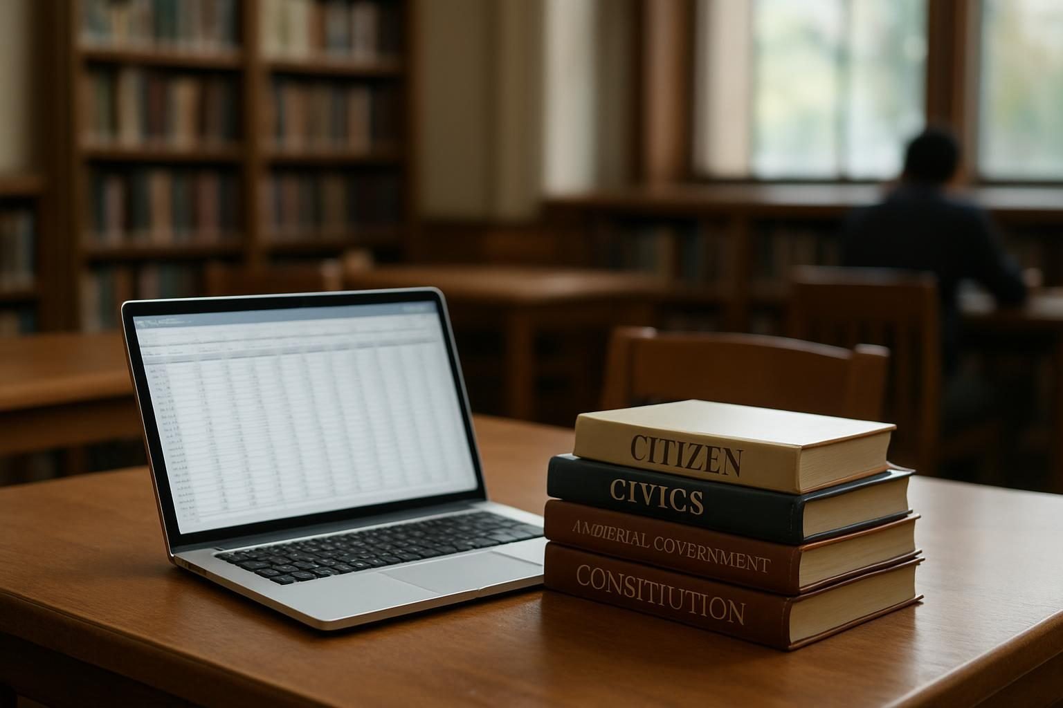 Library desk with laptop and books for researching campaign finance records