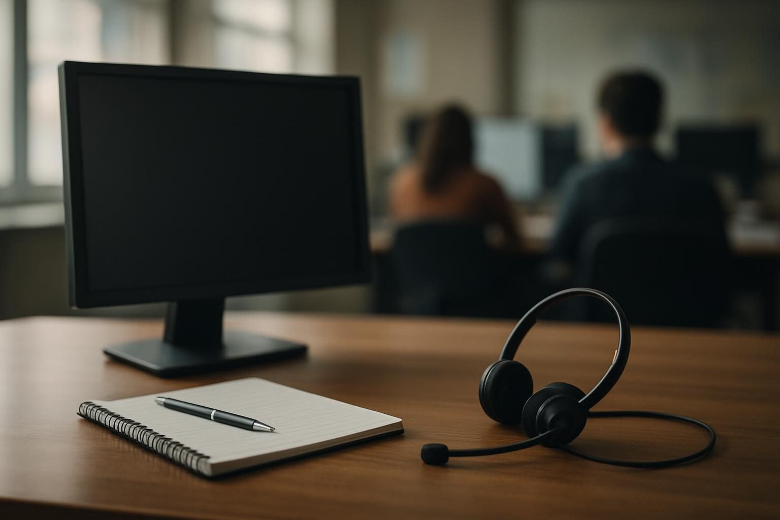 A quiet newsroom desk with notebooks and a computer monitor
