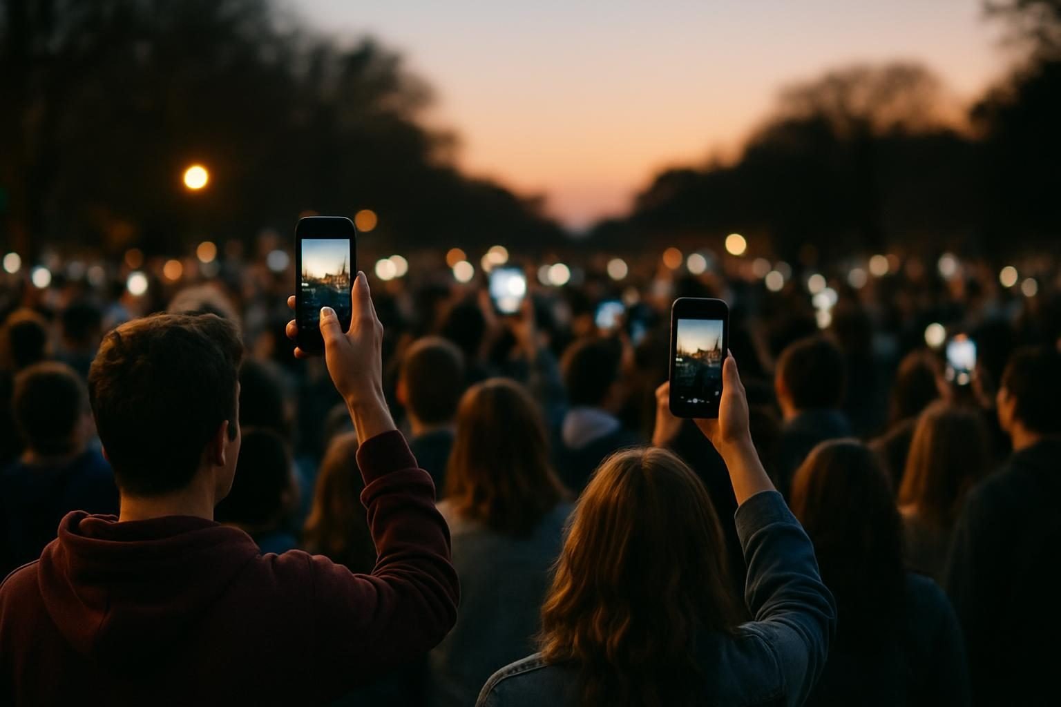 People holding up phones at an outdoor gathering at dusk
