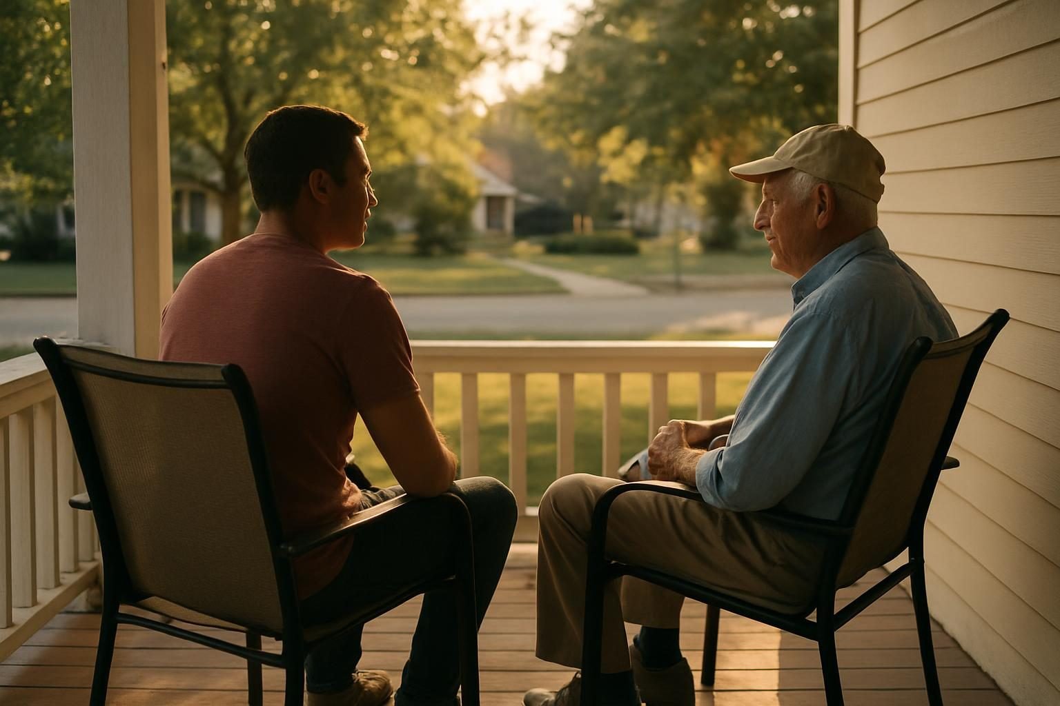 Two neighbors talking calmly on a porch in the afternoon