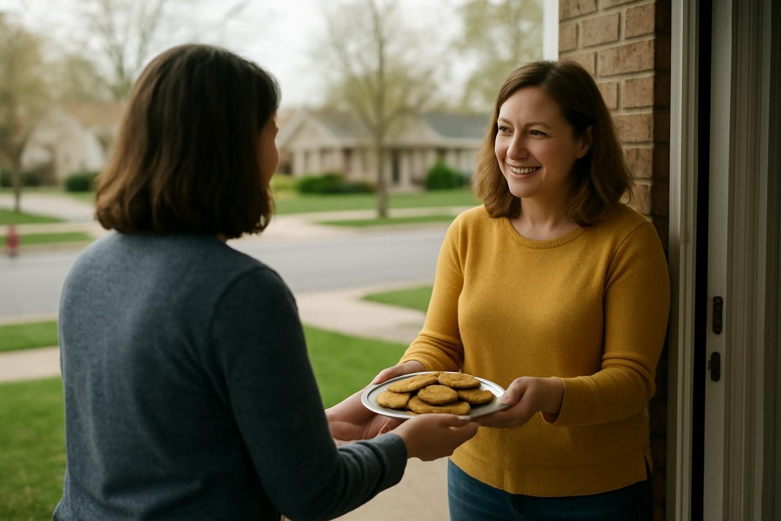 A neighbor offering a gift at a front door, illustrating reciprocity