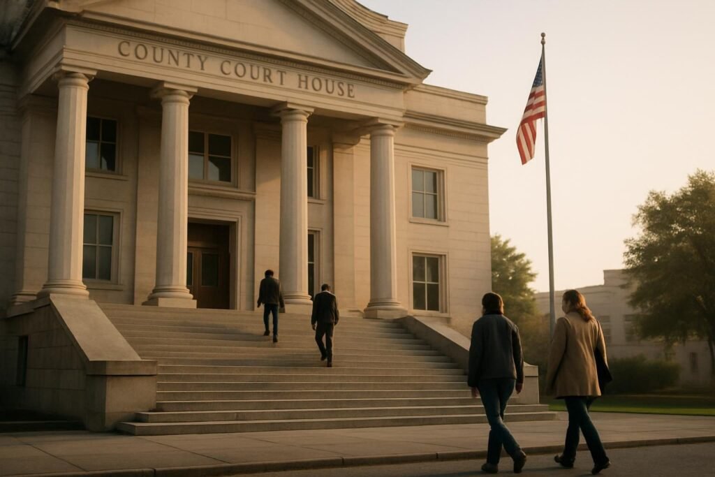 County courthouse steps in morning light, a setting for a Just Mercy summary