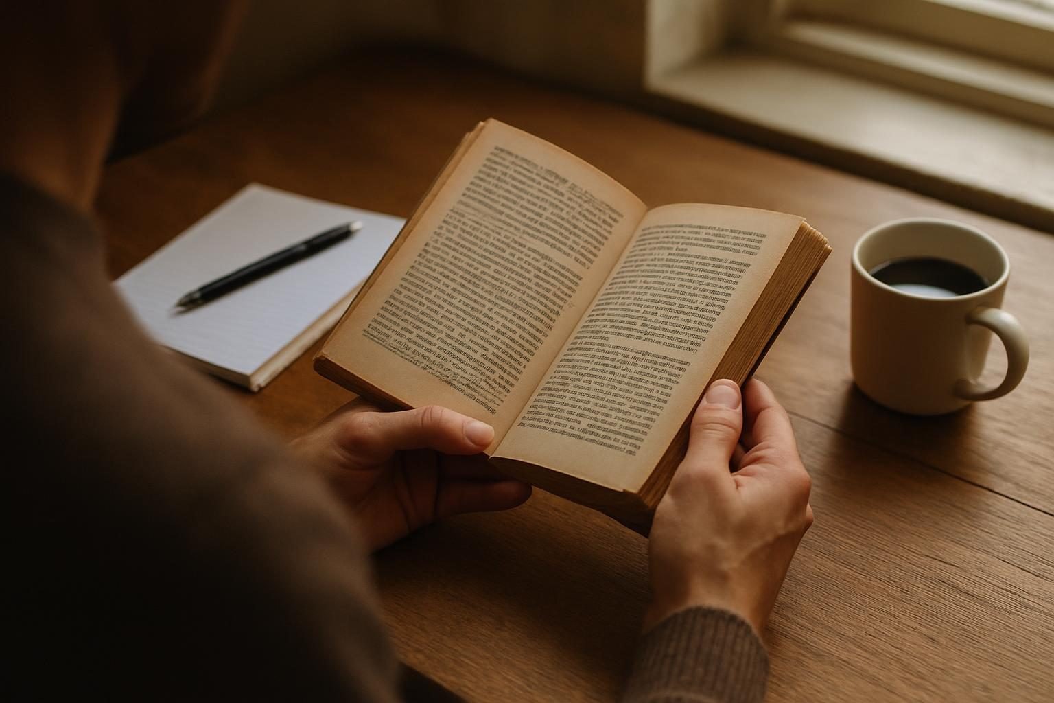 Hands holding a well-worn book beside a notebook on a wooden table