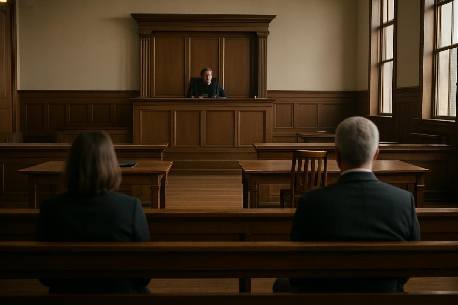 Empty courtroom gallery facing the judge's bench and counsel tables