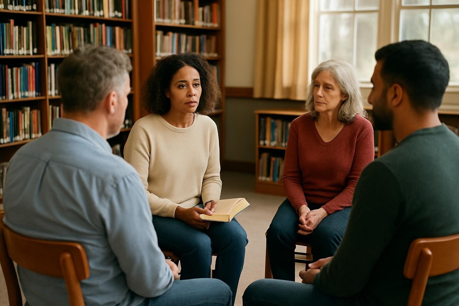 Reading group of adults discussing a book in a community library room