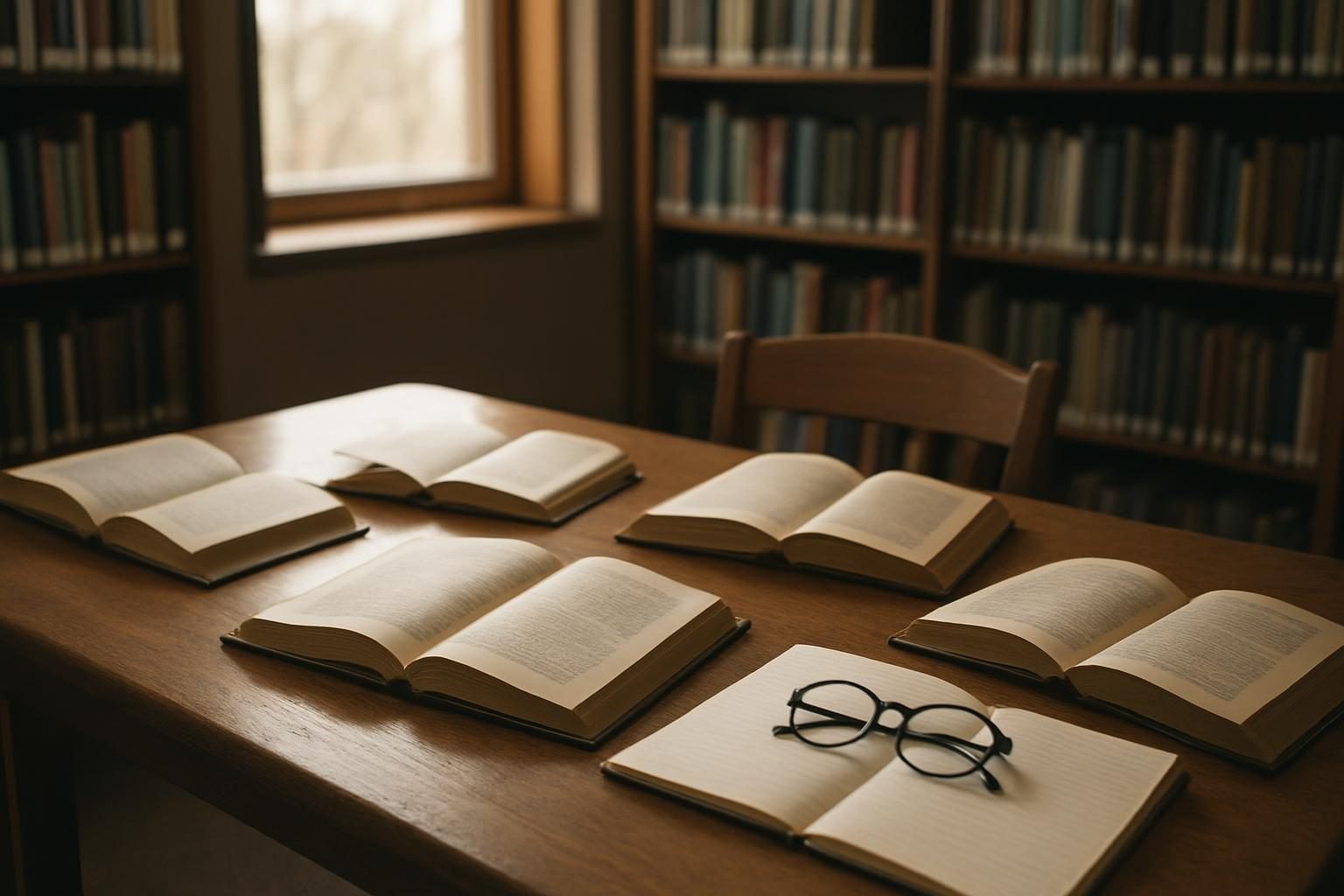 A library reading table with open books and a notebook, ready for a book discussion