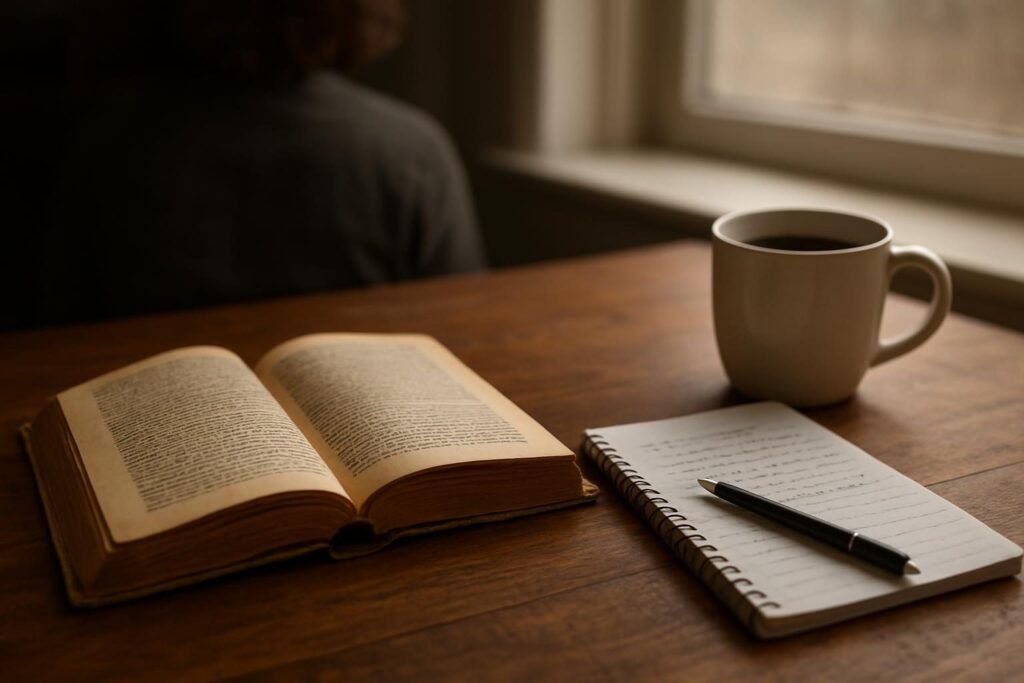 Open worn book and notebook on a desk, illustrating a Meditations Marcus Aurelius summary
