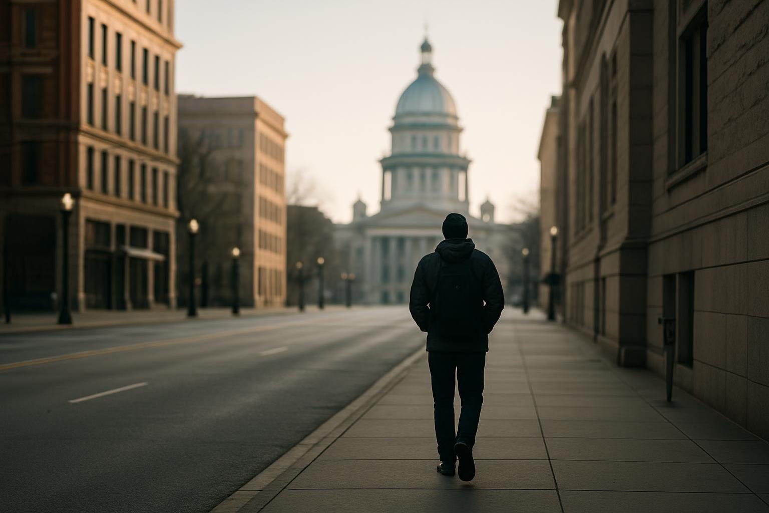 Quiet morning street leading toward a civic building, suggesting duty and public service