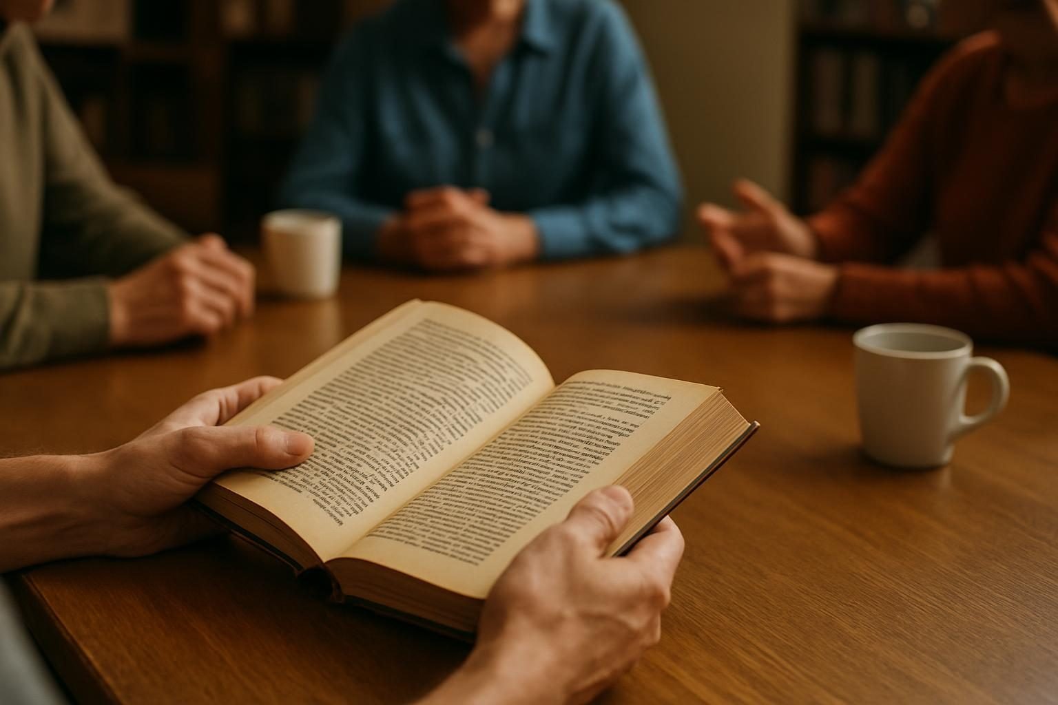 Hands holding a library book at a community reading group table