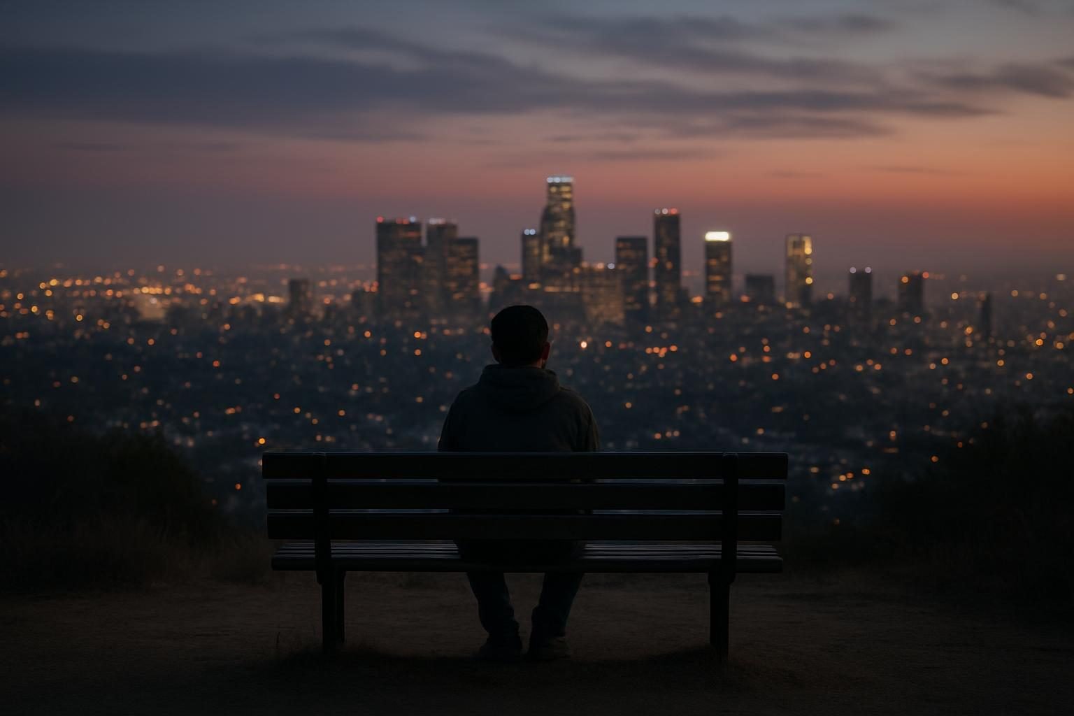 Person sitting on a hillside bench at dusk looking over a city skyline