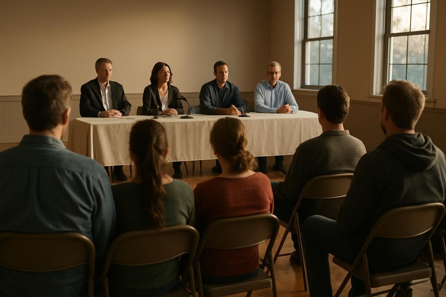 Residents seated at a local town hall meeting facing a speaker table