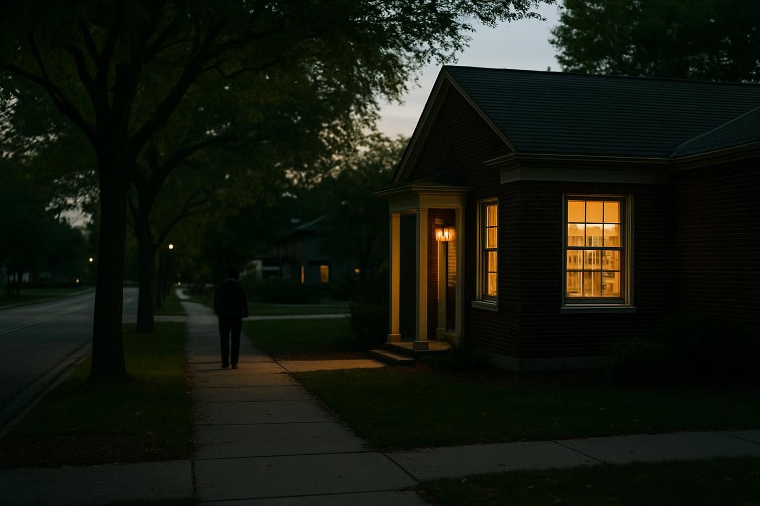 A small neighborhood library branch glowing at dusk on a quiet street