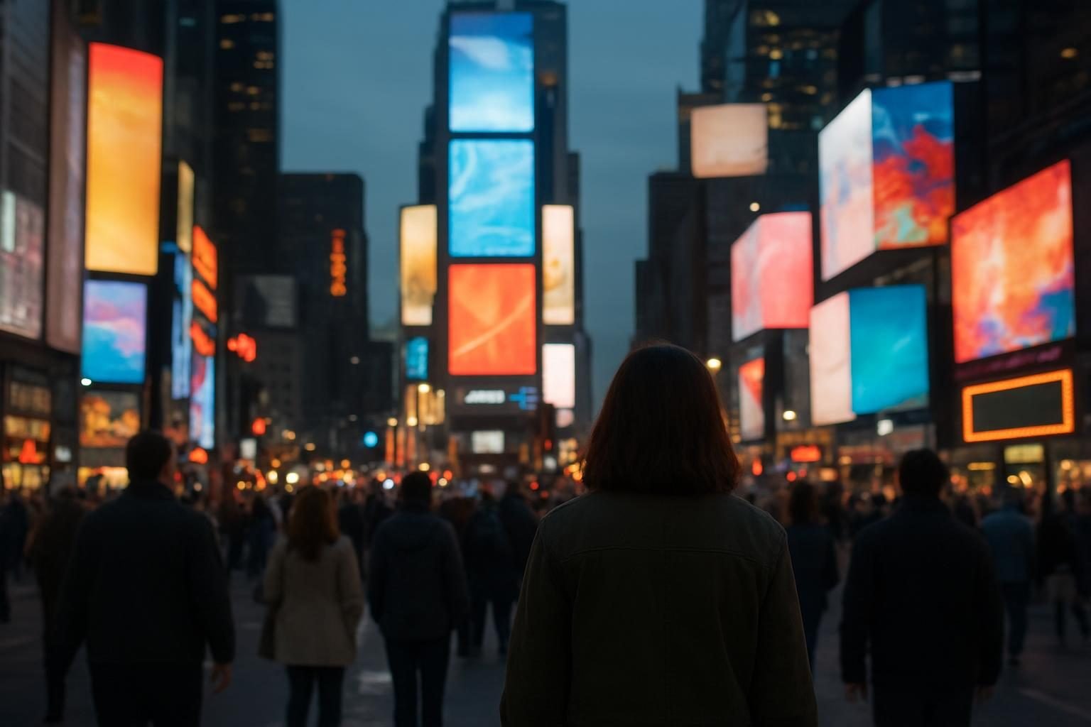 City street at dusk lit by billboards and digital advertising screens