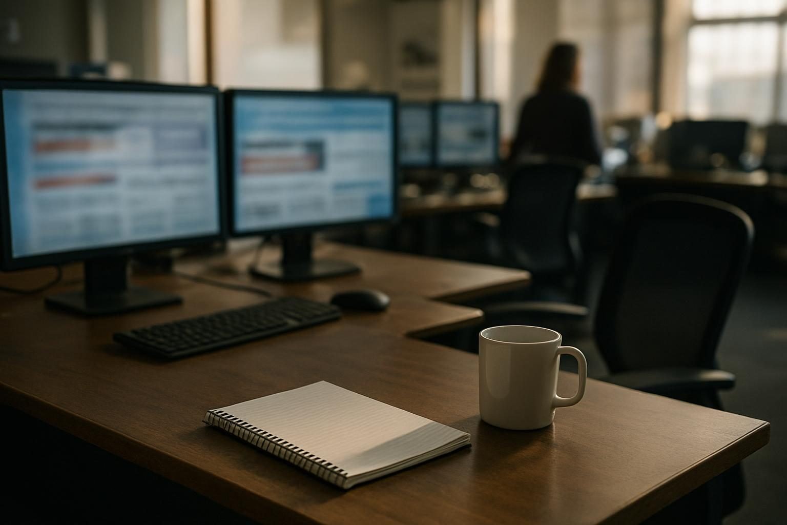 Newsroom desk with monitors and a notepad in afternoon light