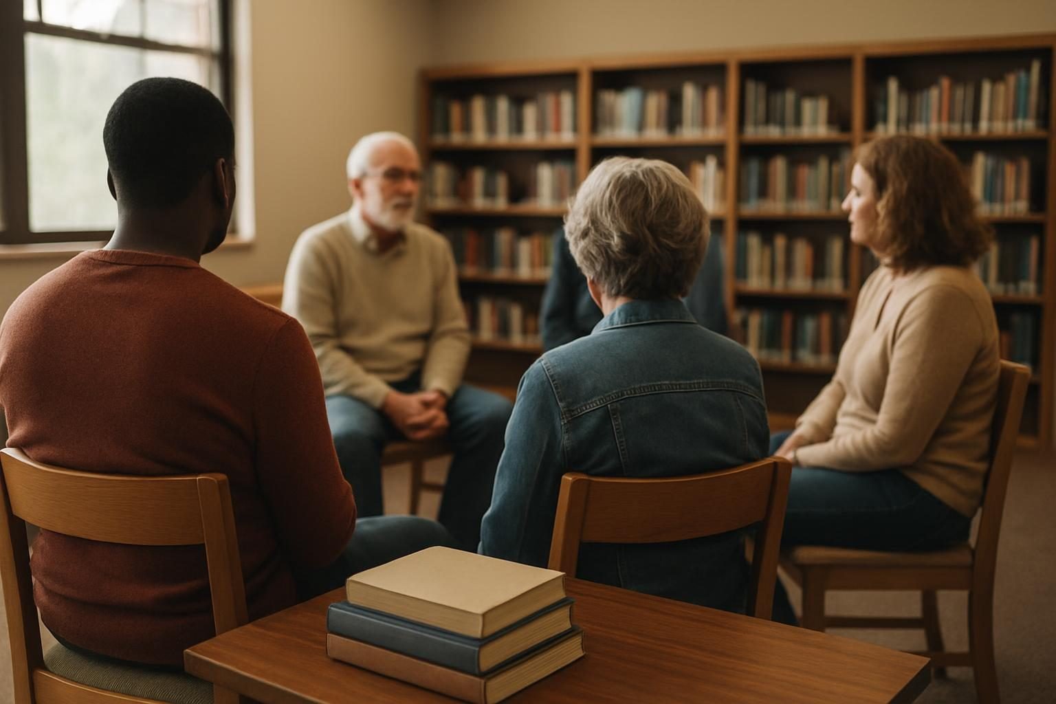 Neighbors seated in a circle for a reading group discussion