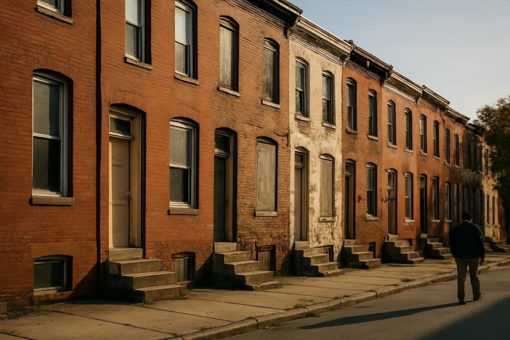Row of modest brick homes on a quiet street, illustrating the race for profit summary of housing in America