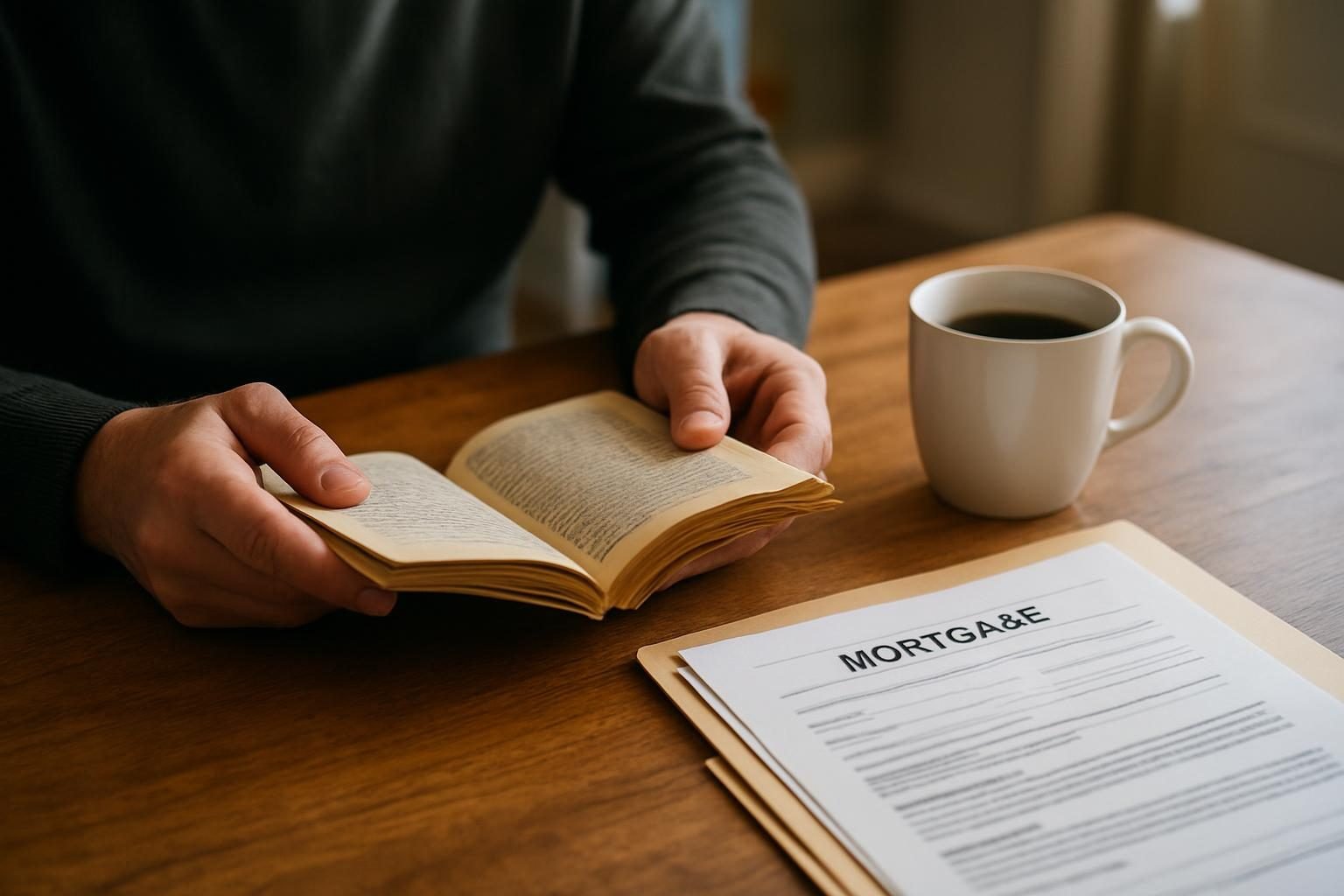Hands holding an open book beside mortgage paperwork on a kitchen table
