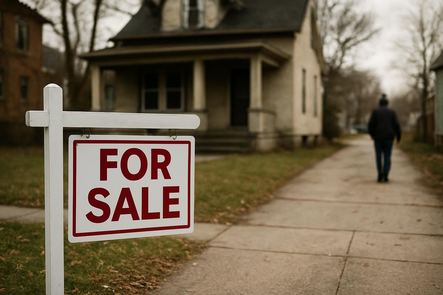 For-sale sign in front of an older city house with an empty driveway