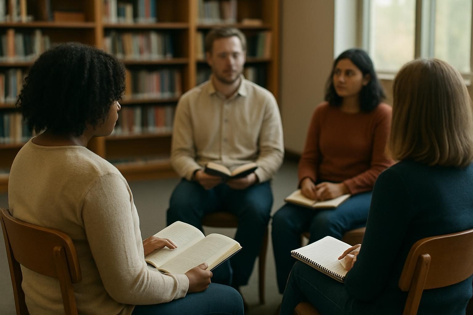 Reading group seated in a circle in a library meeting room