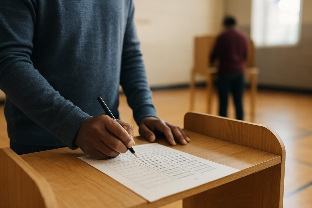 A voter marking a paper ballot at a polling place, illustrating ranked choice voting pros and cons