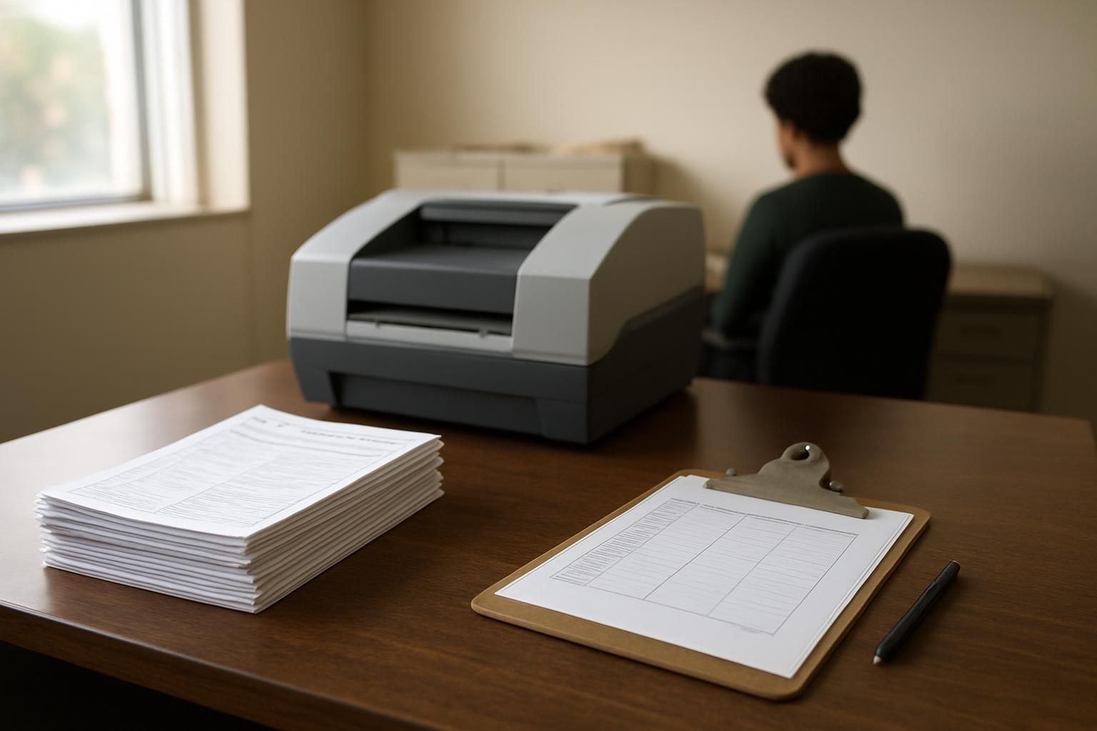 Election office desk with stacks of paper ballots and a scanner awaiting counting