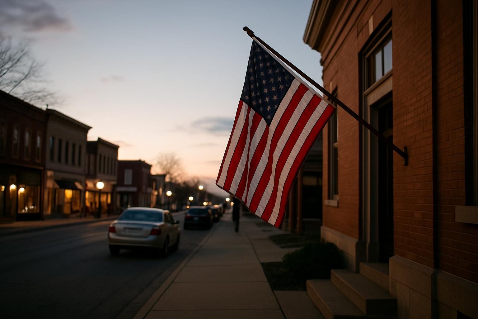 Small-town municipal building at dusk where local elections are administered