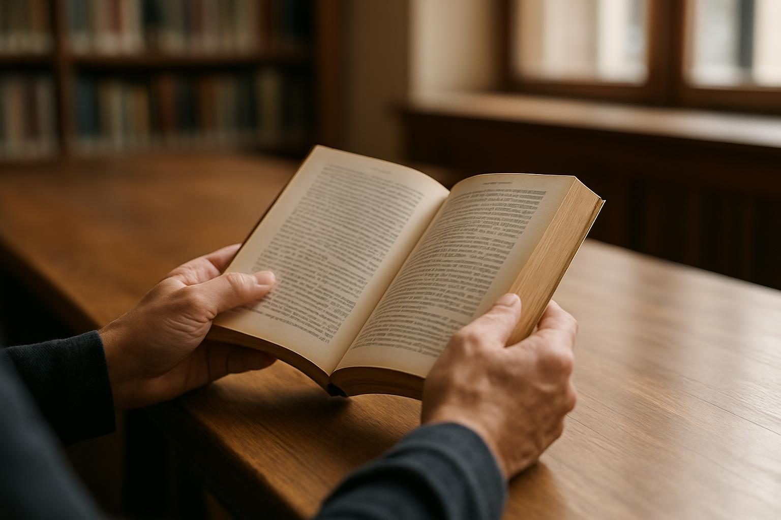 Hands holding a well-worn book open on a library table