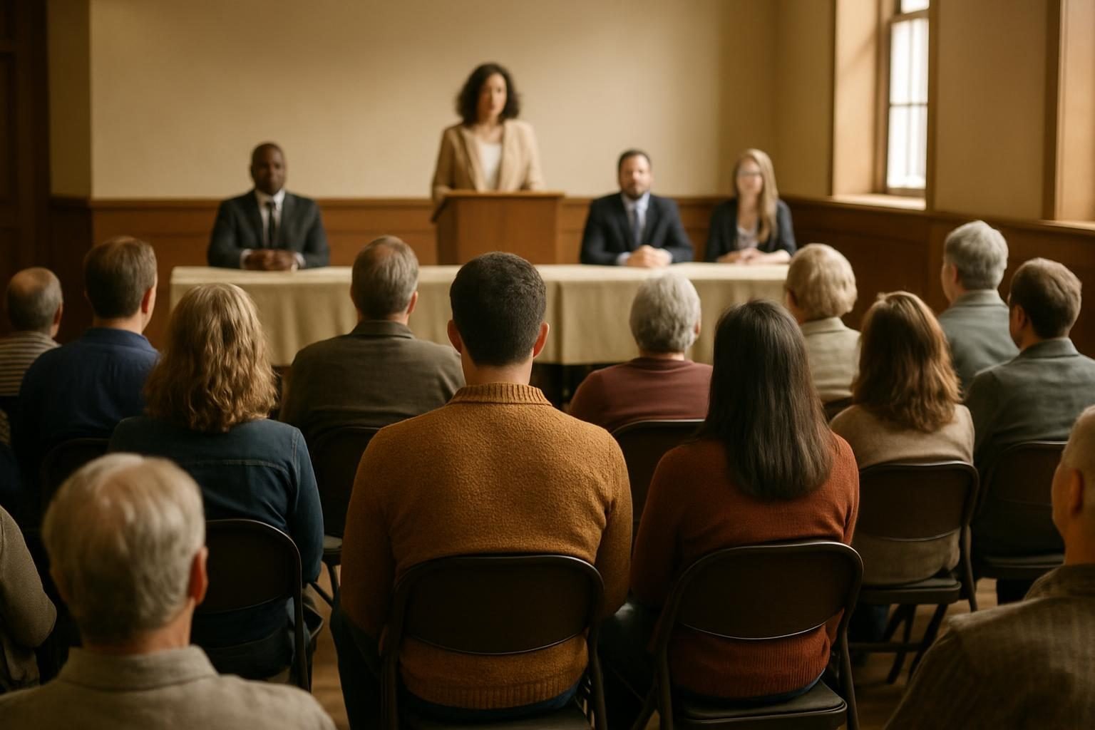 Residents seated at a local town hall meeting seen from the back