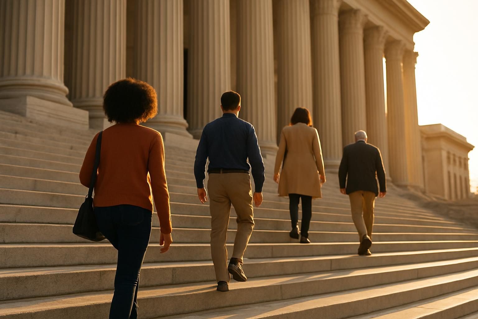 People climbing the steps of a stone courthouse at golden hour
