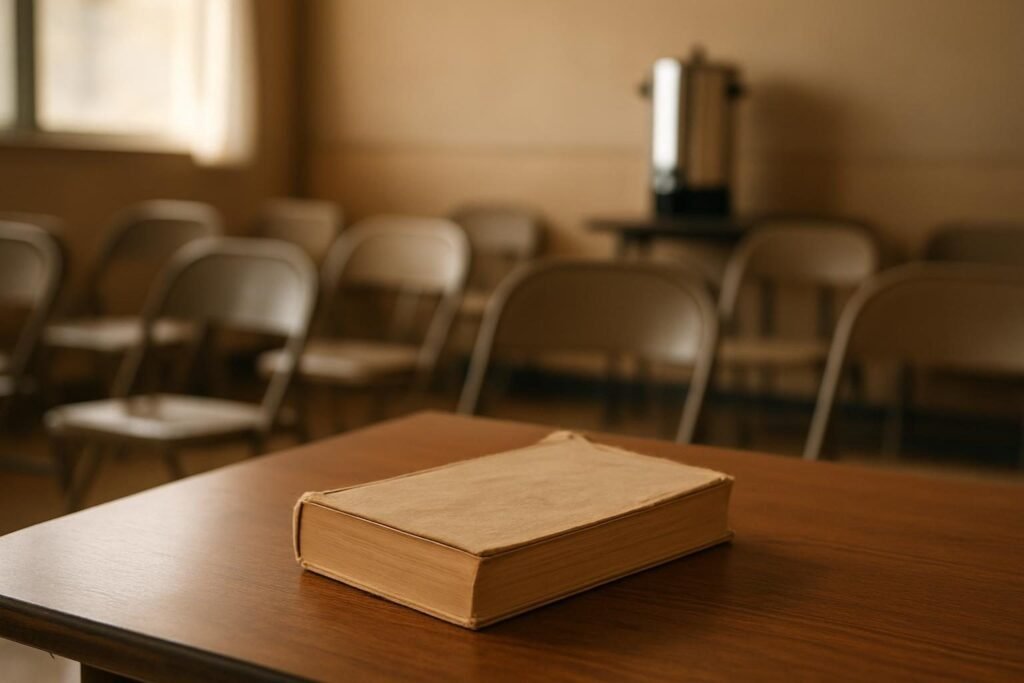 Worn paperback on a table in a community meeting room, a Rules for Radicals summary setting