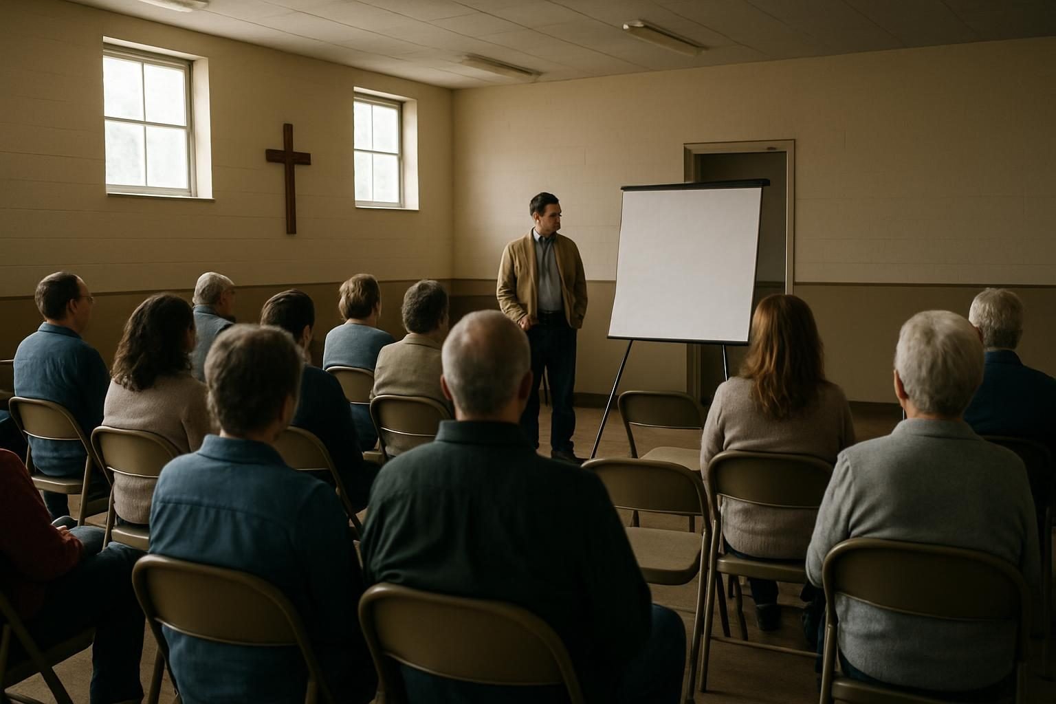 Neighbors gathered in a church basement for a community meeting