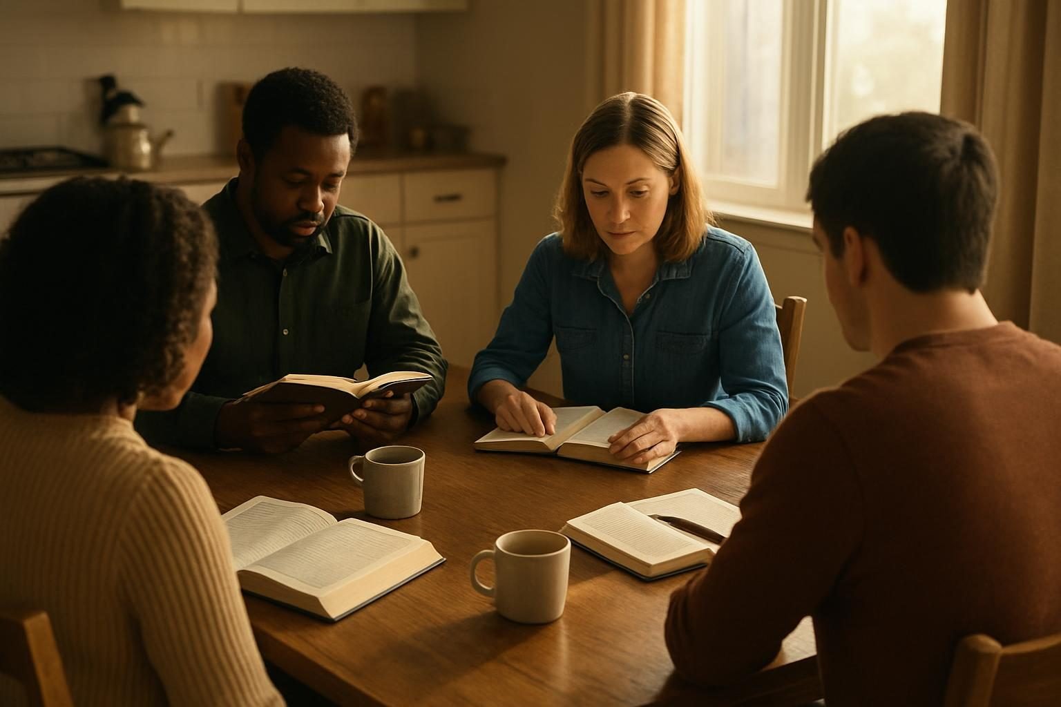 A small reading group discussing a book around a kitchen table