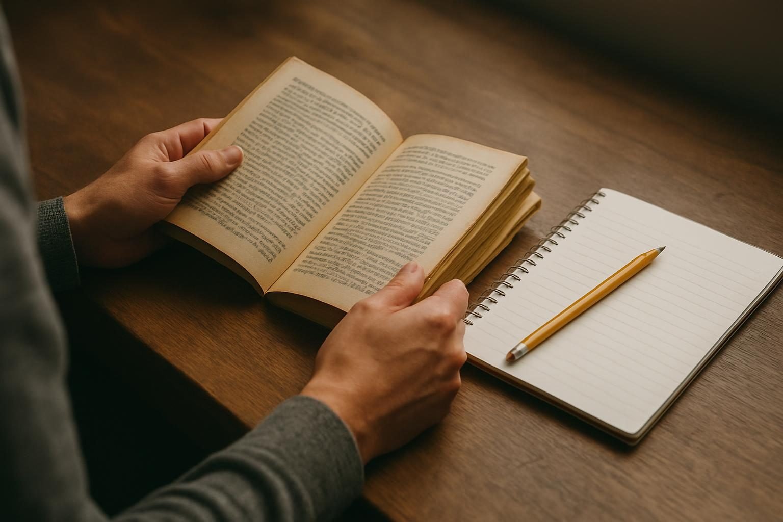 Hands holding a worn paperback book beside a notebook on a desk