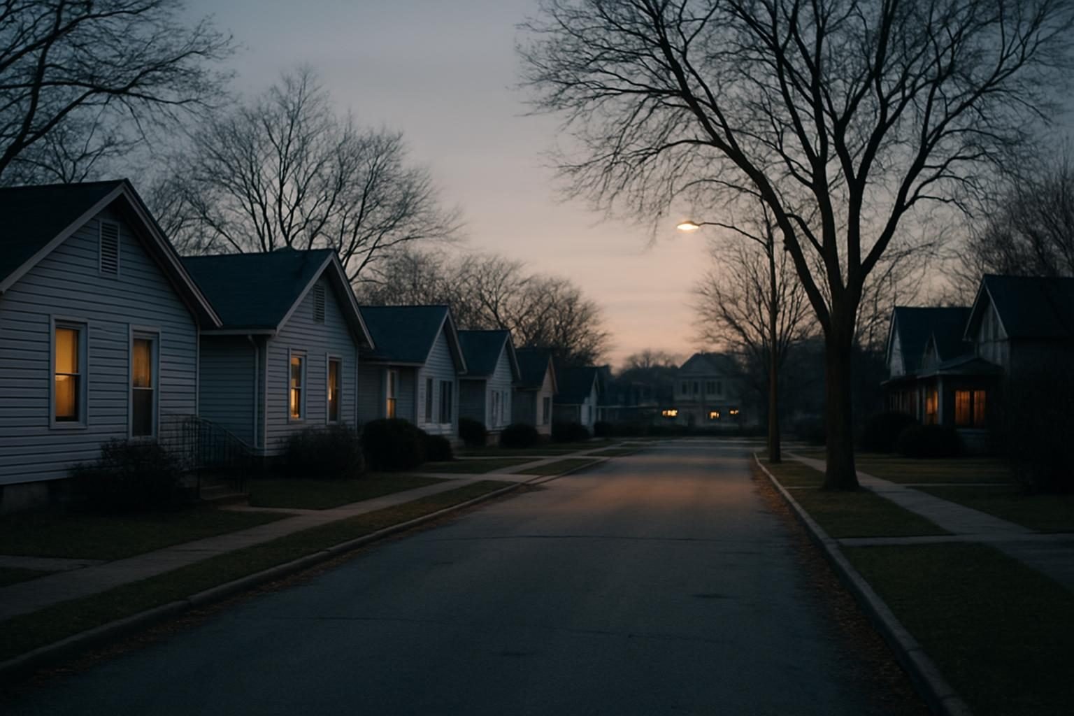 Quiet neighborhood street at dusk with houses of varying sizes