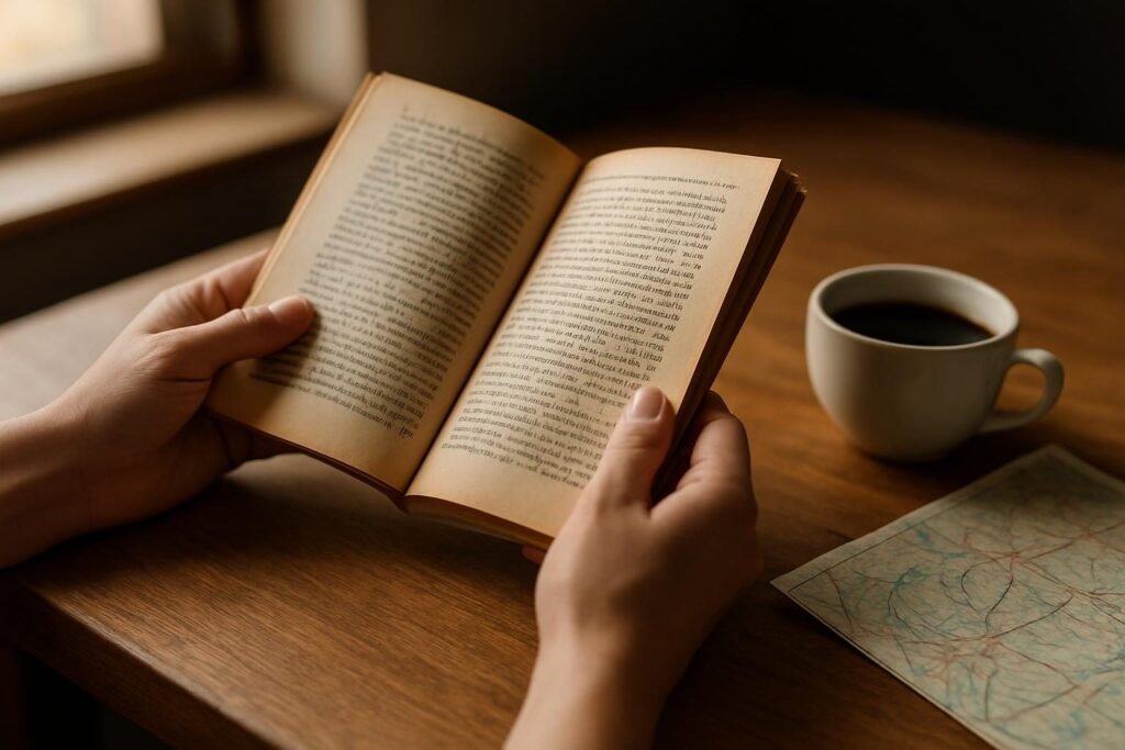 Hands holding a worn book beside a folded map, illustrating a seeing like a state summary