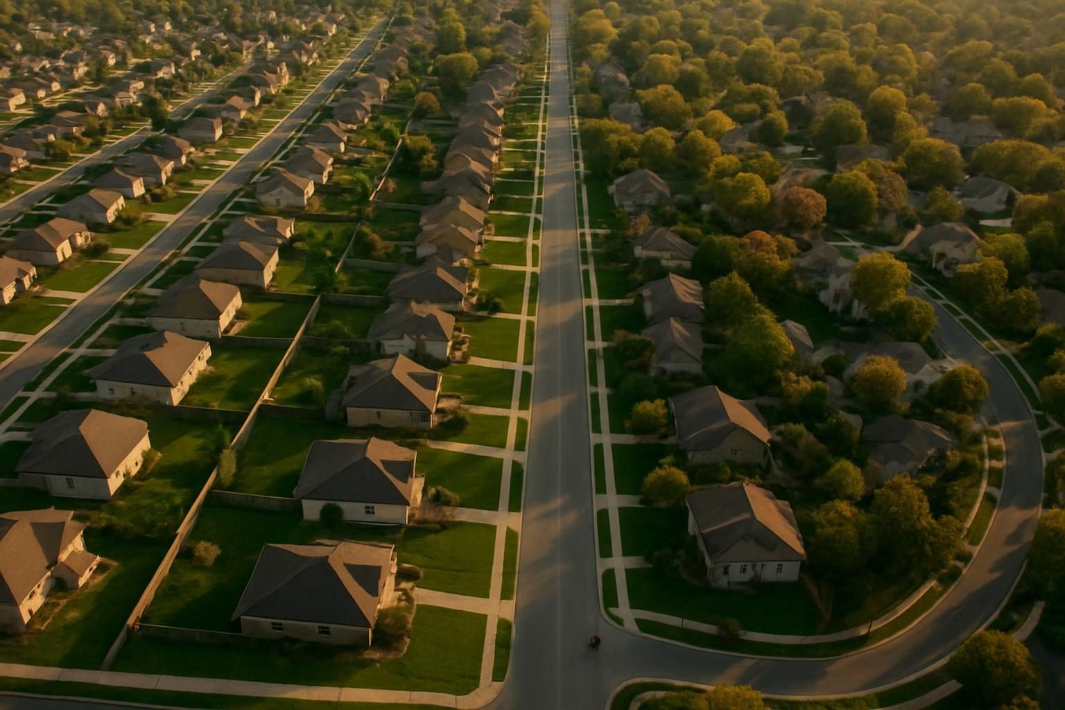 Aerial view of a planned street grid beside an older winding neighborhood