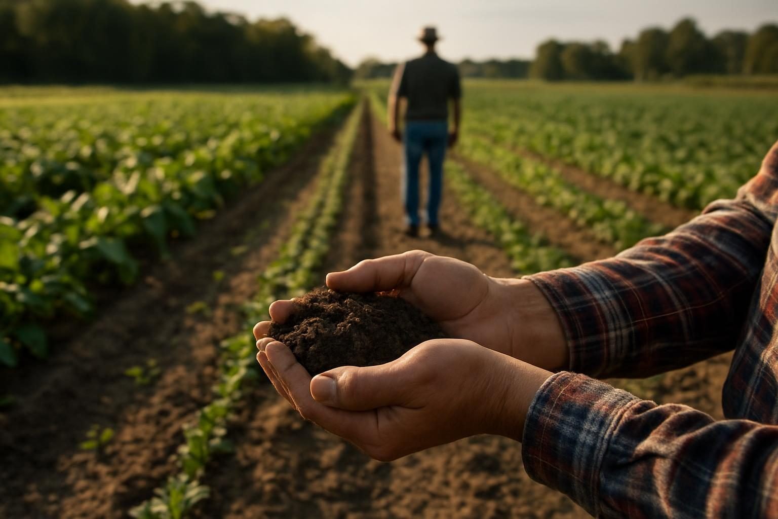 Farmer's hands inspecting soil in a small mixed-crop field