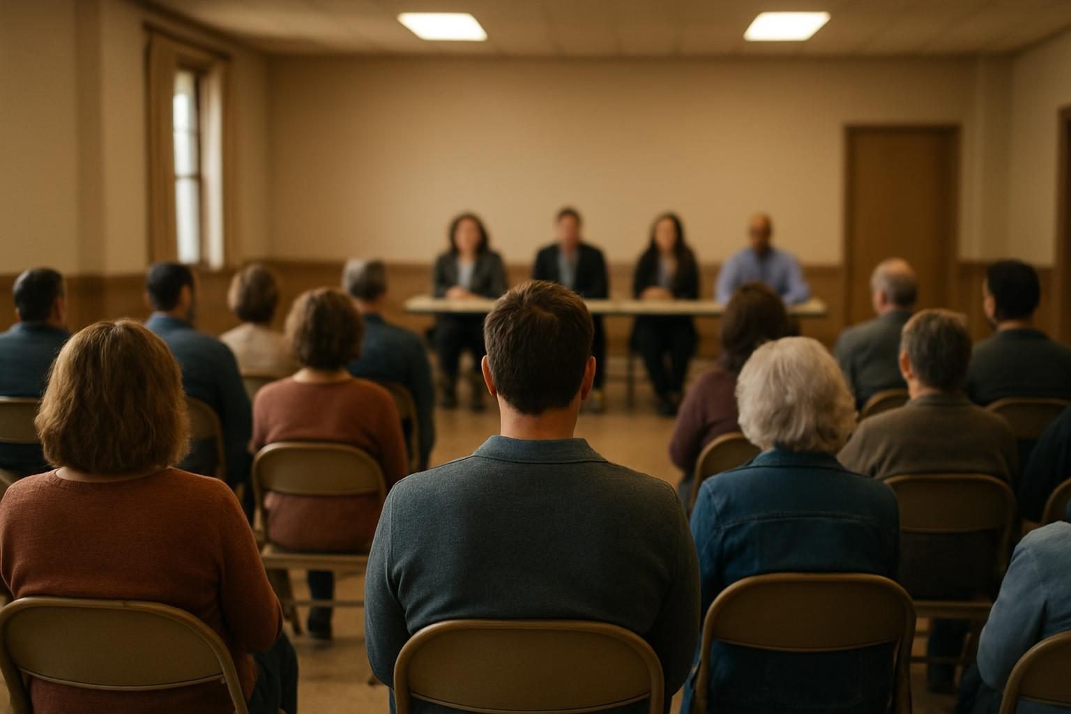 Residents seated at a town hall meeting viewed from the back