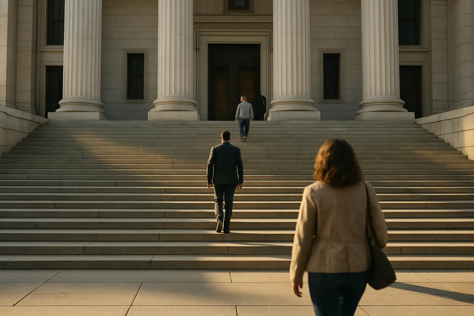A courthouse staircase where judges and citizens meet the law
