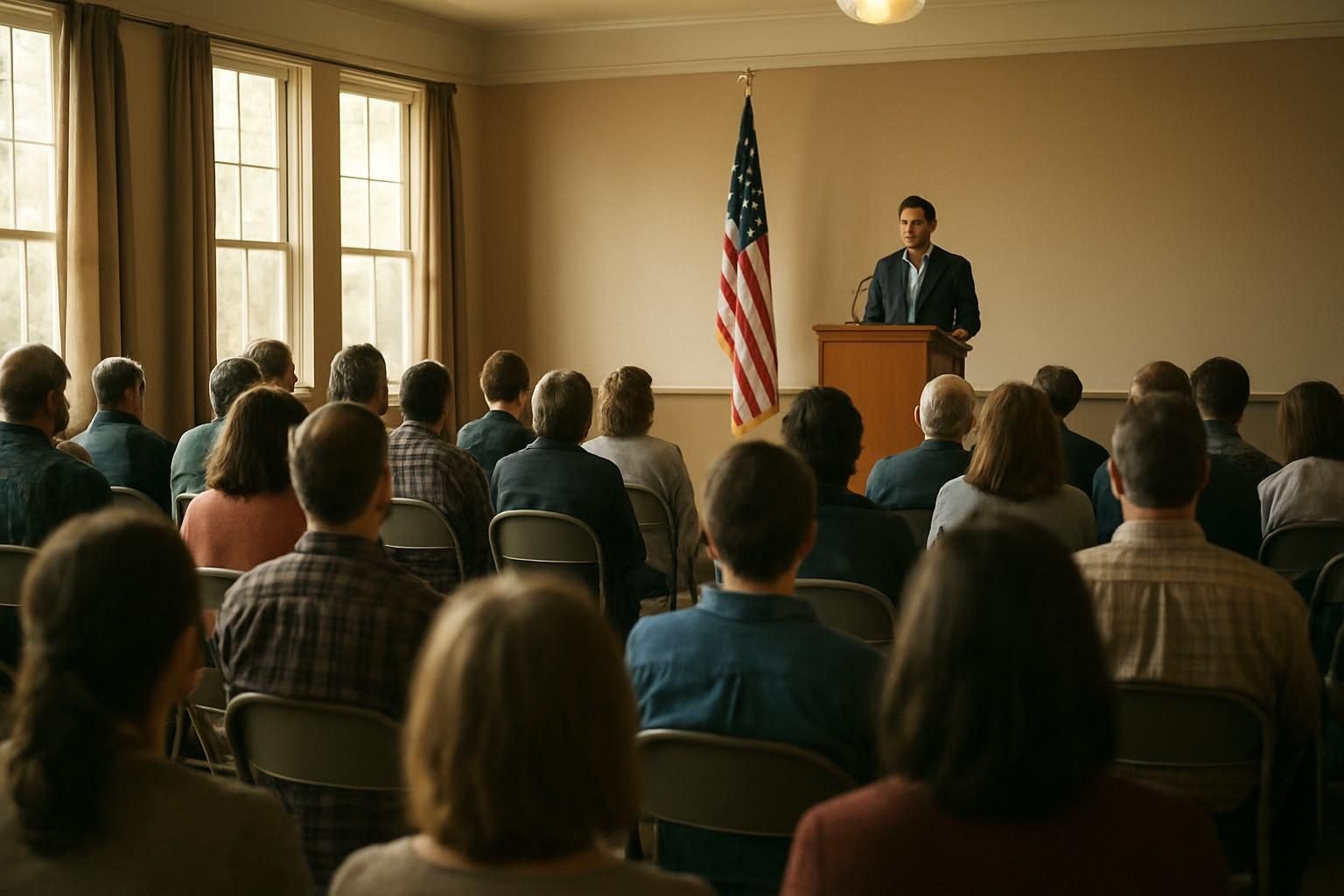 Residents seated at a town hall meeting facing a stage